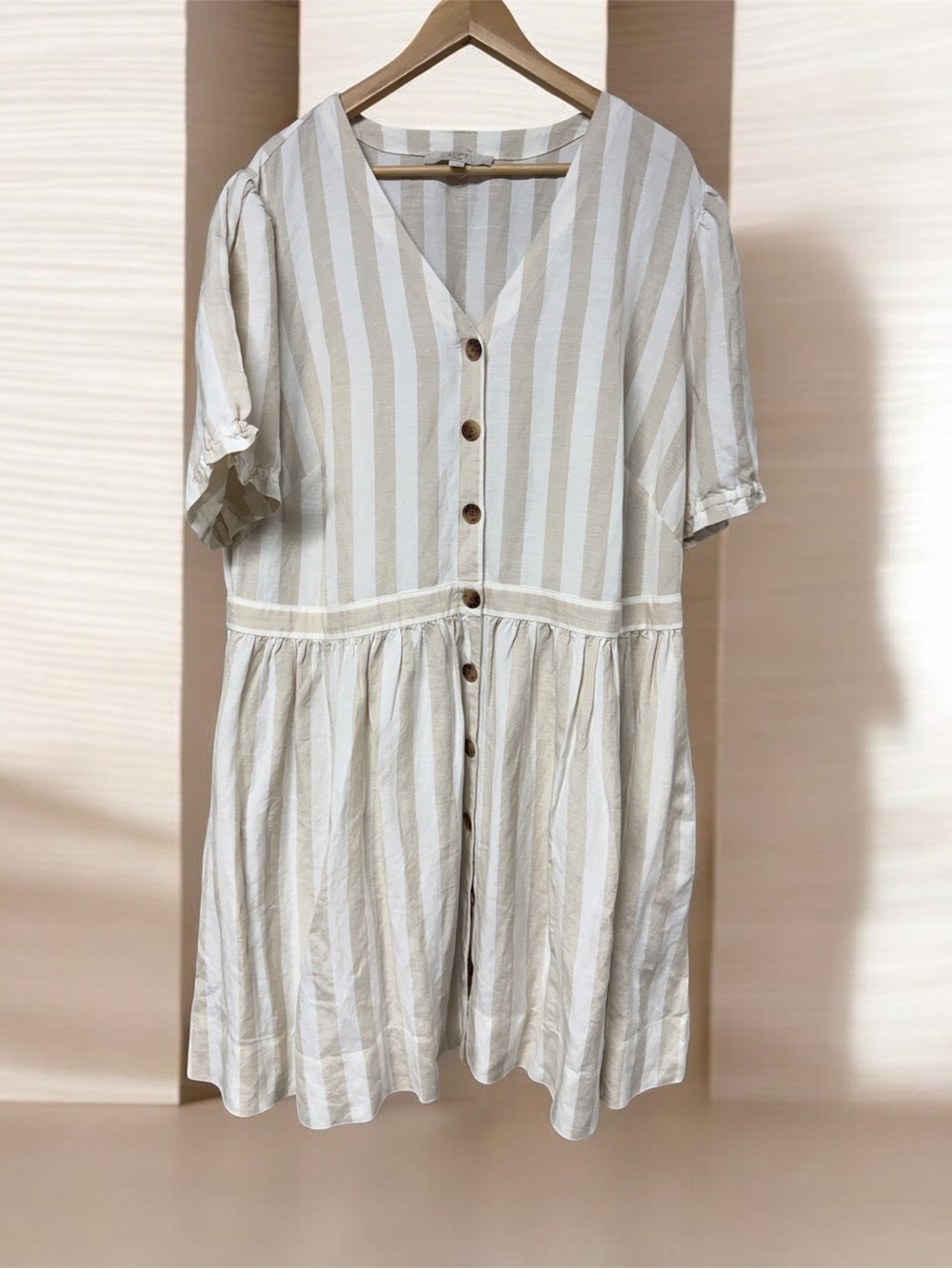LOFT Cream and Beige Striped Button-Front Midi Dress 20 linen blend